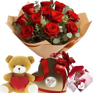 Pack San Valentín 12 Rojas+++. Ramo12 rosas rojas+bombones corazón+Peluche corazón +Tarjeta romántica