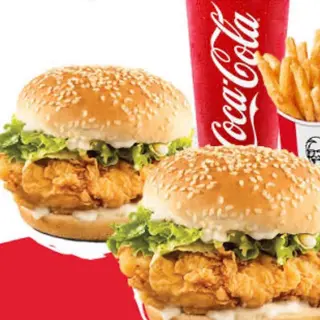 2 BURGERS  DE POLLO +PATATAS+1 LITRO DE COLA
