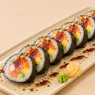 33A.Futomaki salmón, atún, cangrejo, mango, aguacate, tobiko