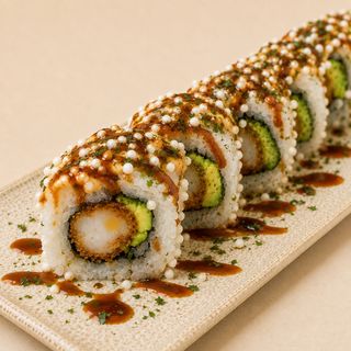 22C. Uramaki de Gamba rebozada, aguacate y arroz inflado
