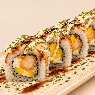 22A. Uramaki de Pollo rebozado, mango, y queso