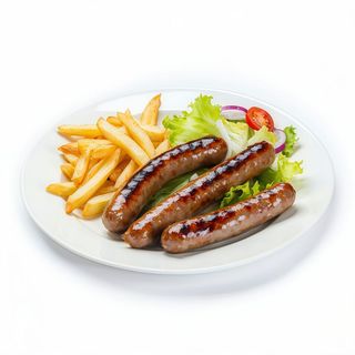 Plato de salchichas con ensalada y patatas