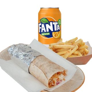 Durum de pollo a l'ast,patatas y bebida