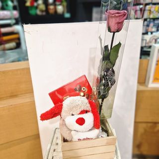Conjunto peluche,cajita y rosa preservada 