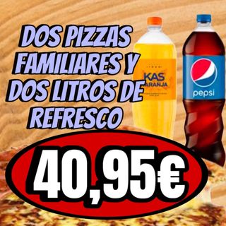 Disfruta De El Doble En Pizzas Familiares y dos litros 