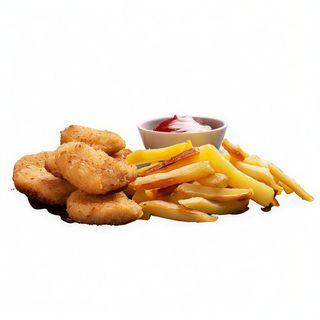 Patatas fritas con nuggets y con ketchup