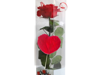 Rosa eterna mediana roja con pin corazón.