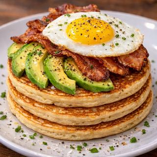 Tortitas con aguacate, bacon y huevo frito