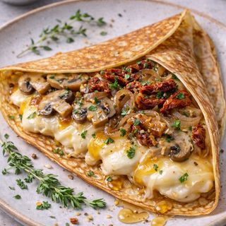 Crepe Salado Con Mozzarella, champiñones, cebolla y tomate seco