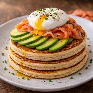 Tortitas con Aguacate, Salmón Ahumado Y Huevo Poched