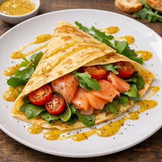 Crepe Salmón Ahumado, Hojas verdes, tomate cherry y salsa de miel y mostaza