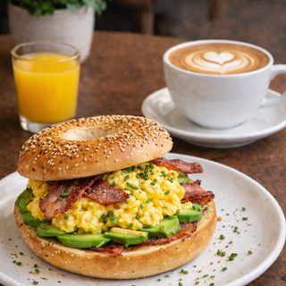 MENÚ BAGEL LUISIANA CON CAFÉ Y ZUMO NARANJA