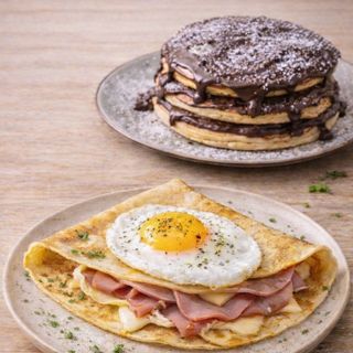 MENÚ CREPE JAMÓN, QUESO,  Y HUEVO CON TORTITAS CON NUTELLA Y CHOCOLATE BLANCO