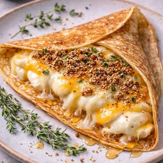 Crepe 3 Quesos,  Mozzarella, Queso provolones y queso azul con nueces y miel