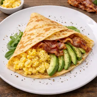 Crepe De Aguacate, Bacon y Huevo revuelto