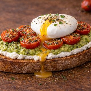 Tostada con queso crema, Aguacate, tomates confinados y Huevo Poched