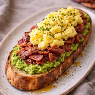 Menu Tostada Aguacate bacon y revueltos con bebida a elección