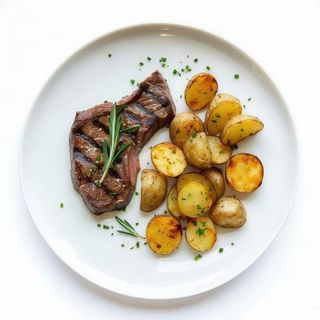 Plato De Carne De Ternera Con Patatas Y Ensalada
