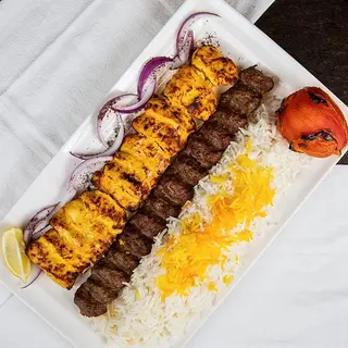 Kebab mixto de Ternera y Pollo con Azafran con Arroz(Vaziri)