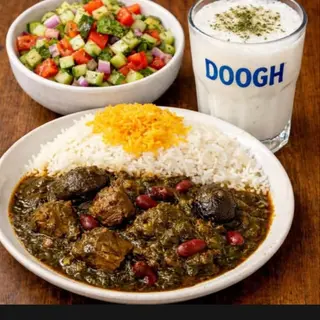 Menu(Estefado de Carne&Ensalad Shirazi&Doogh)GHORME SABZI