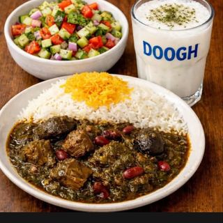 Menu(Estefado de Carne&Ensalad Shirazi&Doogh)GHORME SABZI