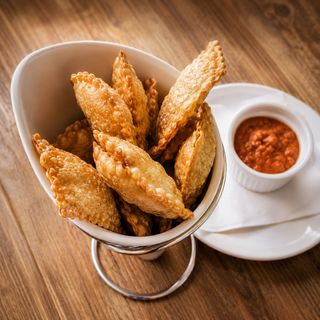 Raviolis Crujientes de Papada Ibérica con Salsa Romesco (Ración)
