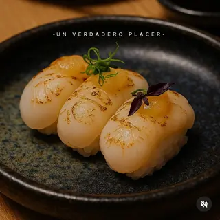 Nigiri vieira flameada con salsa Yuzu