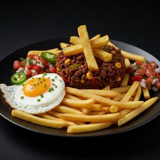 Huevos Rotos Con Chili, Jalapeños y pico de Gallo