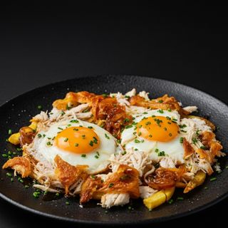 Huevos Rotos Con Pollo Y Cebolla Caramelizada