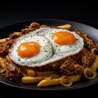 Huevos rotos con pulled pork y cebolla frita