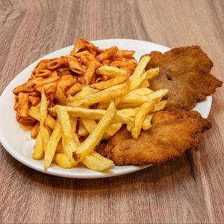 Plato 13: Macarrones, escalopes y patatas