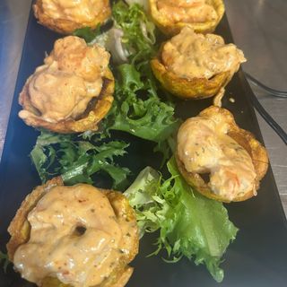 canastas de platano con camarones ( gambas )