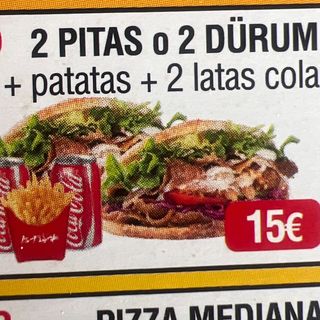 2 Pitas o Dürum + 1 Patatas + 2 Coca-Cola (33cl.)