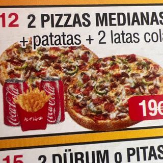 2 Pizzas Medianas + Patatas + 2 Coca-Cola (33 cl.)
