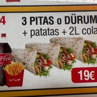 3 Pitas o Dürum + Patatas + Coca-Cola (2 lt.)