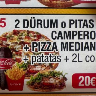 2 Dürum o Pitas + 1 Pizza Mediana + Patatas + Coca-Cola (2 lt.)
