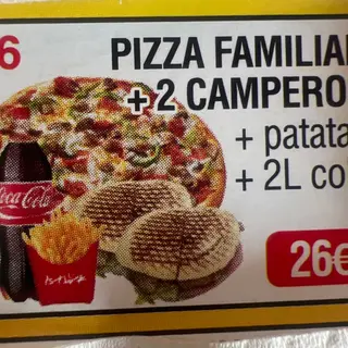 2 Camperos + 1 Pizza Familiar + Patatas + Coca-Cola (2 lt.)