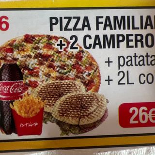2 Camperos + 1 Pizza Familiar + Patatas + Coca-Cola (2 lt.)