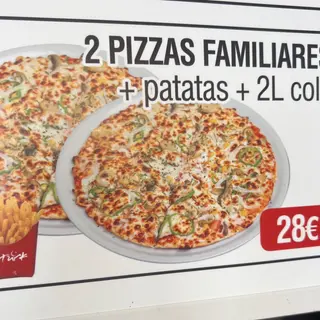 2 Pizzas Familiares + Patatas + Coca-Cola (2 lt.)