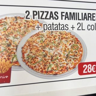 2 Pizzas Familiares + Patatas + Coca-Cola (2 lt.)