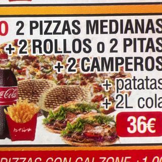 Rollos o Pitas + 2 Campero + 2 Pizza Mediana +Patatas+Coca-Cola(2 lt.)