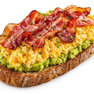 Tosta de huevo revueltos con aguacate triturado y Bacon