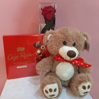 Peluche rosa preservada y bombones