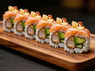 Lagostino Rebozado Con Aguacate pepino  cubierto de  Salmón Flameado (8U)