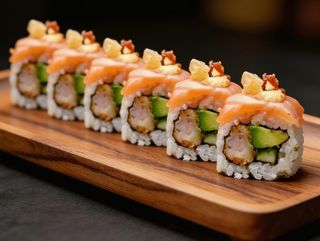 Lagostino Rebozado Con Aguacate pepino  cubierto de  Salmón Flameado (8U)