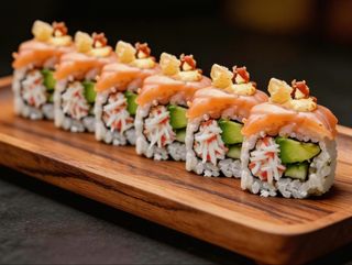 Surimi picado con mayonesa y Aguacate pepino cubierto de  Salmón Flame (8U)