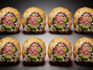 Califonia de tempura  surimi pepino aguacate y salsa teriyaki