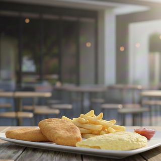 Pescado a la romana  ,tortilla francesa y patatas fritas