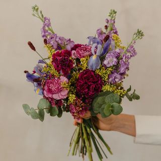 Ramo variado en colores fucsias y lilas especial día de la madre en caja