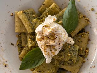 Paccheri al pesto con pistacho y burrata